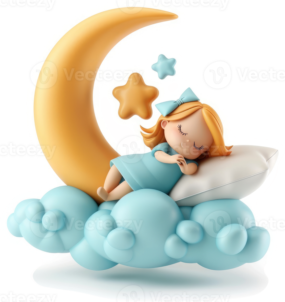 A sweet girl sleeps peacefully on a crescent moon. png