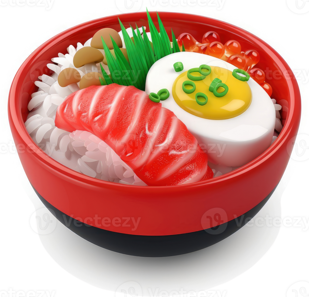 Vibrant japanese rice bowl with salmon, egg, and toppings. png
