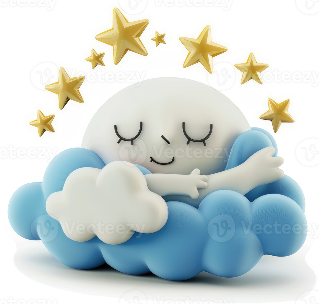 Cute moon character resting peacefully in a fluffy cloud. png