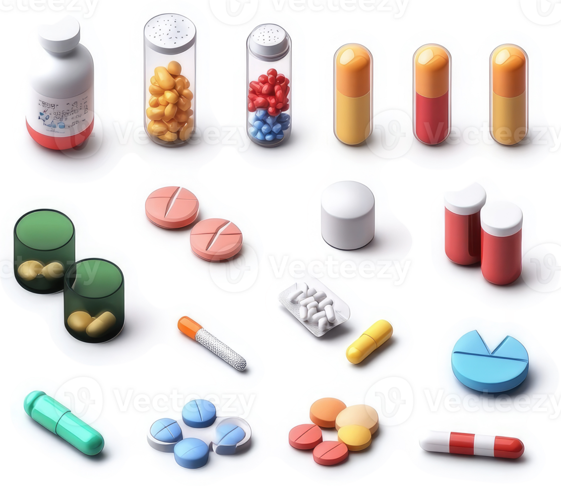 Colorful collection of various pharmaceutical medications and supplements. png