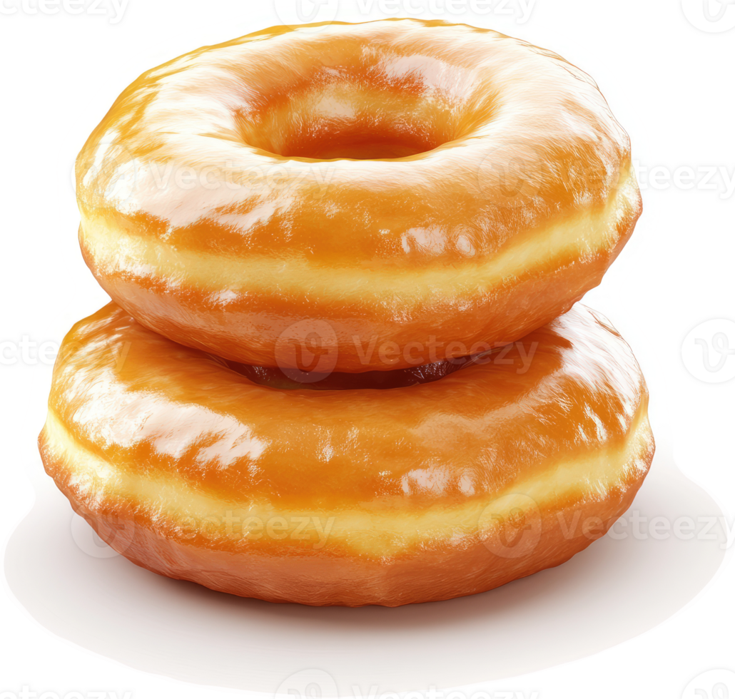 Two glazed donuts stacked atop one another. png