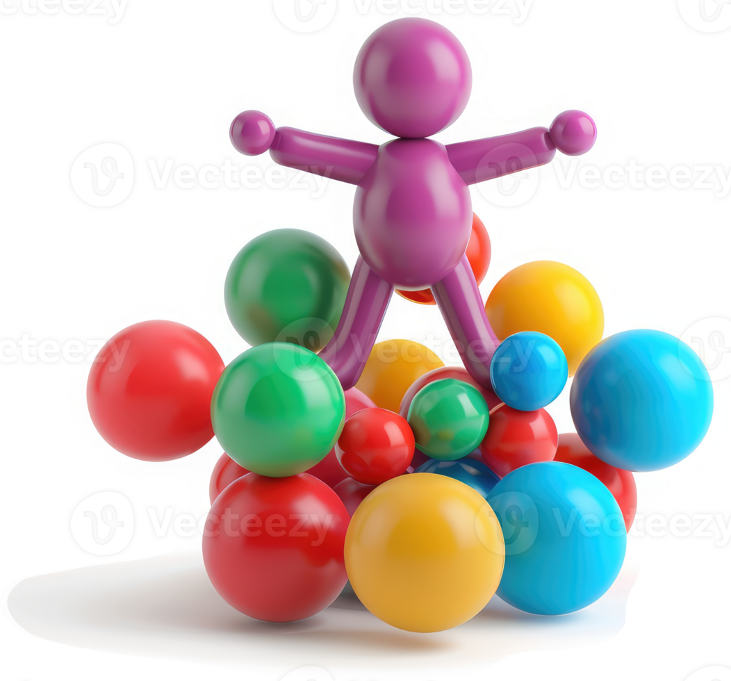 Purple figure balanced atop colorful spheres. png