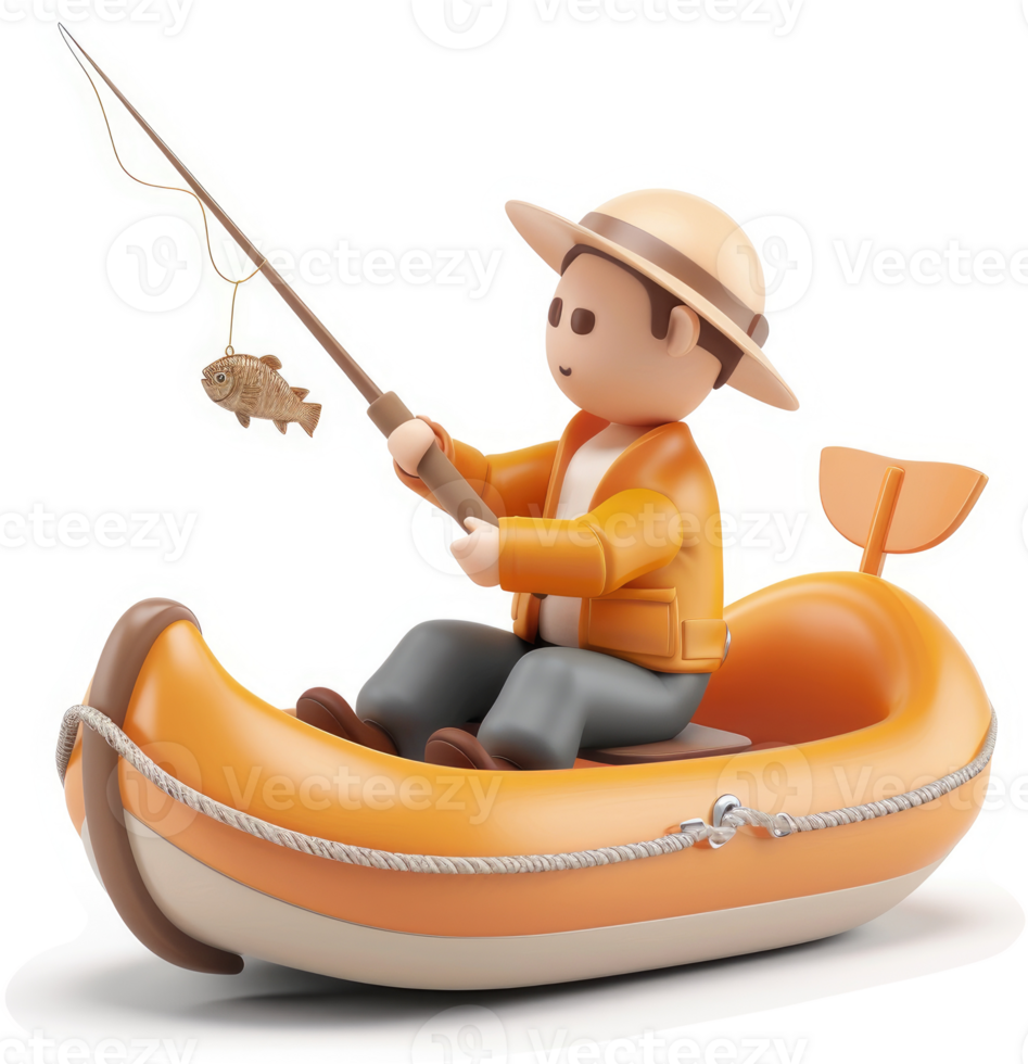 Cartoon illustration of a fisherman in an inflatable canoe. png