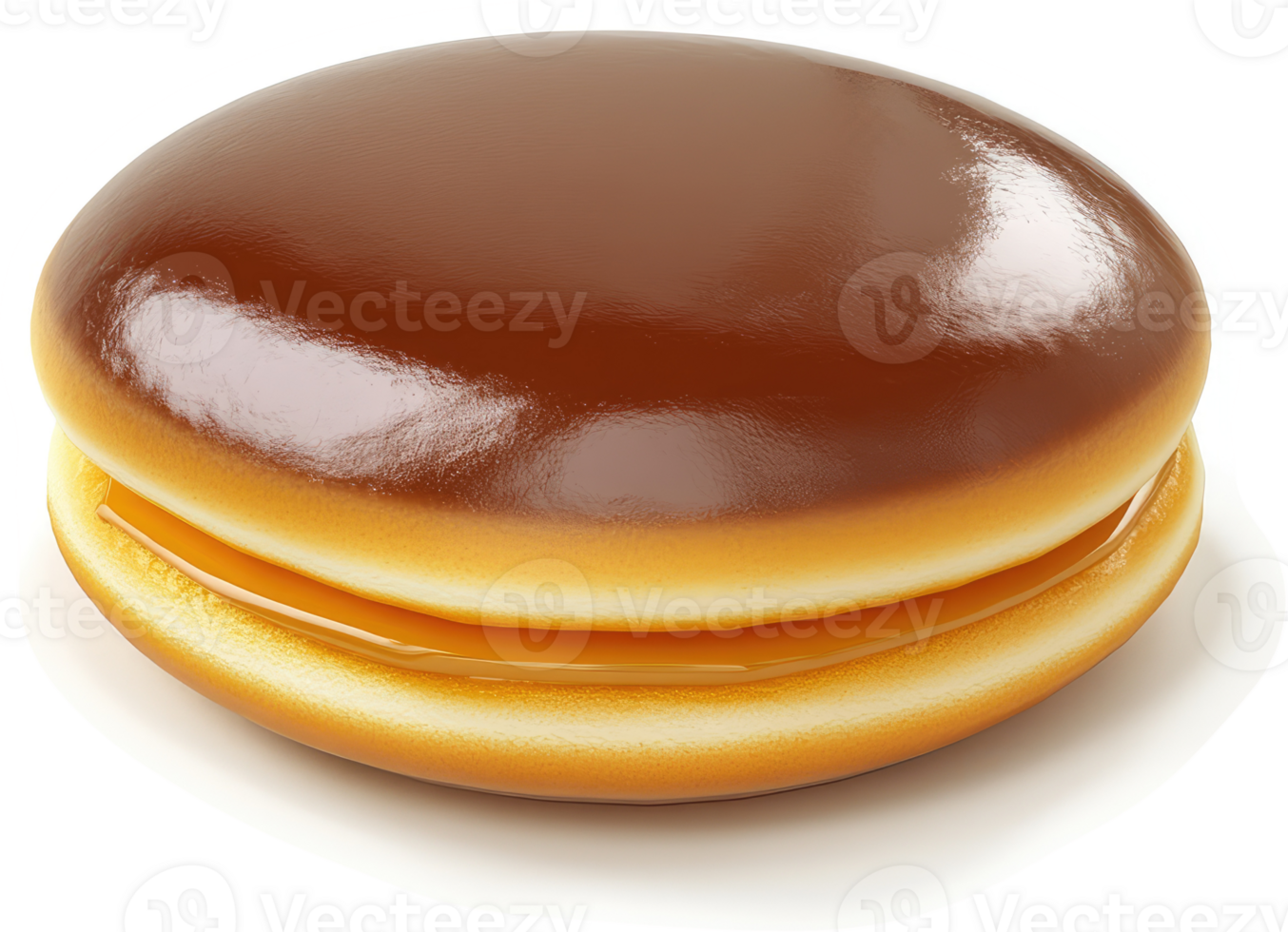 Glossy, round, chocolate-glazed donut with caramel filling. png