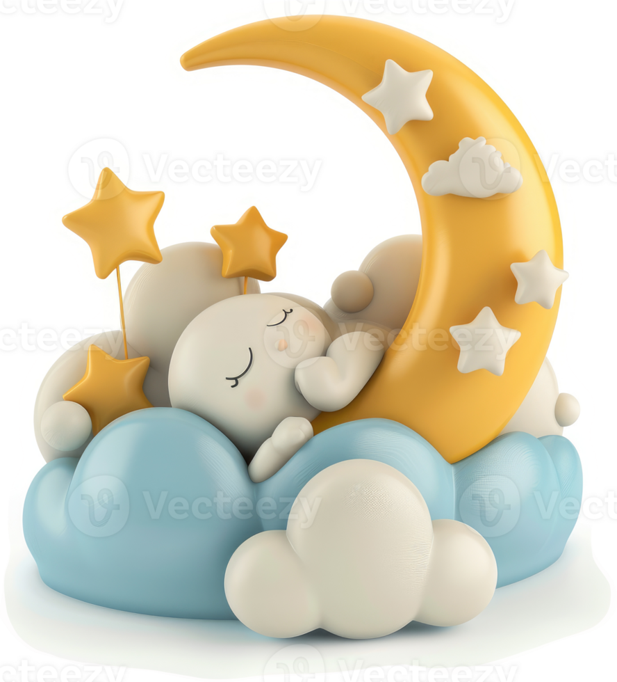 Adorable baby resting on a crescent moon in a cloud. png
