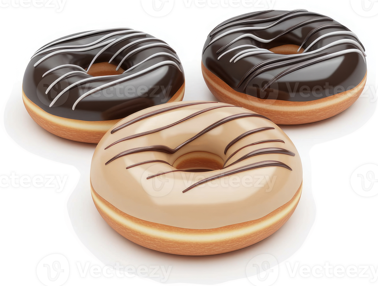 Three glazed donuts, chocolate and caramel. png