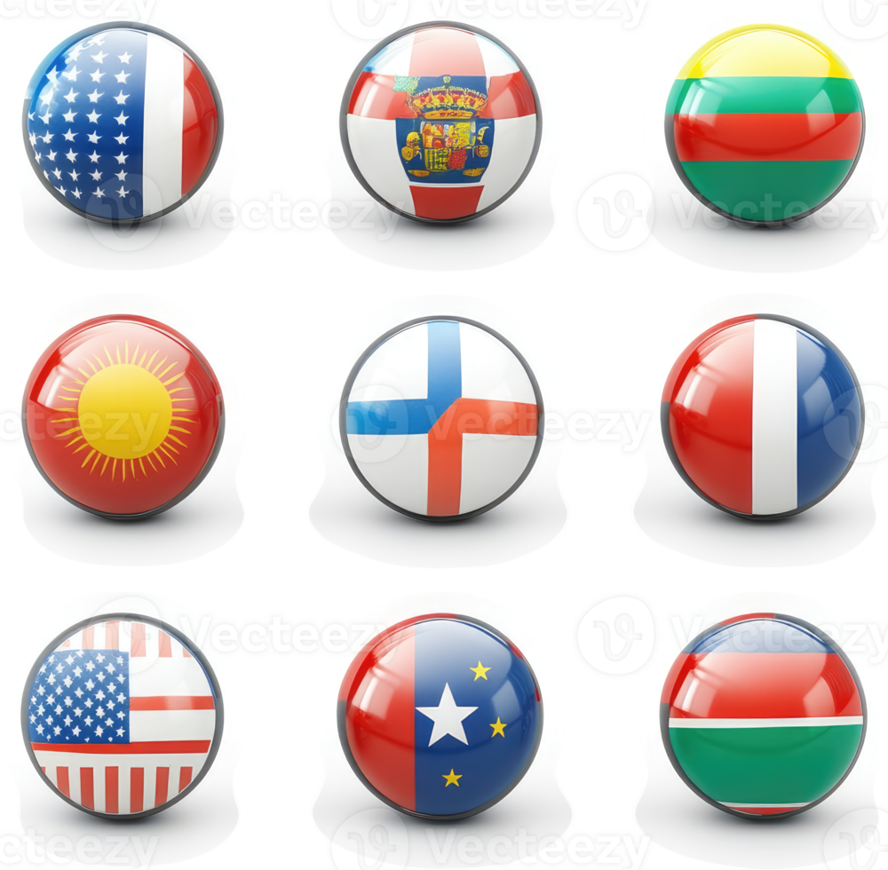 National flag icons of various countries displayed on glossy spheres. png