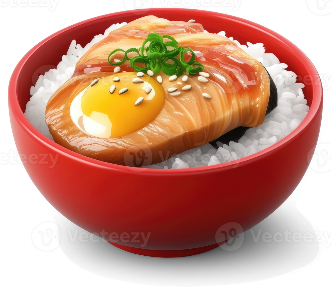Japanese style rice bowl with teriyaki salmon and egg. png