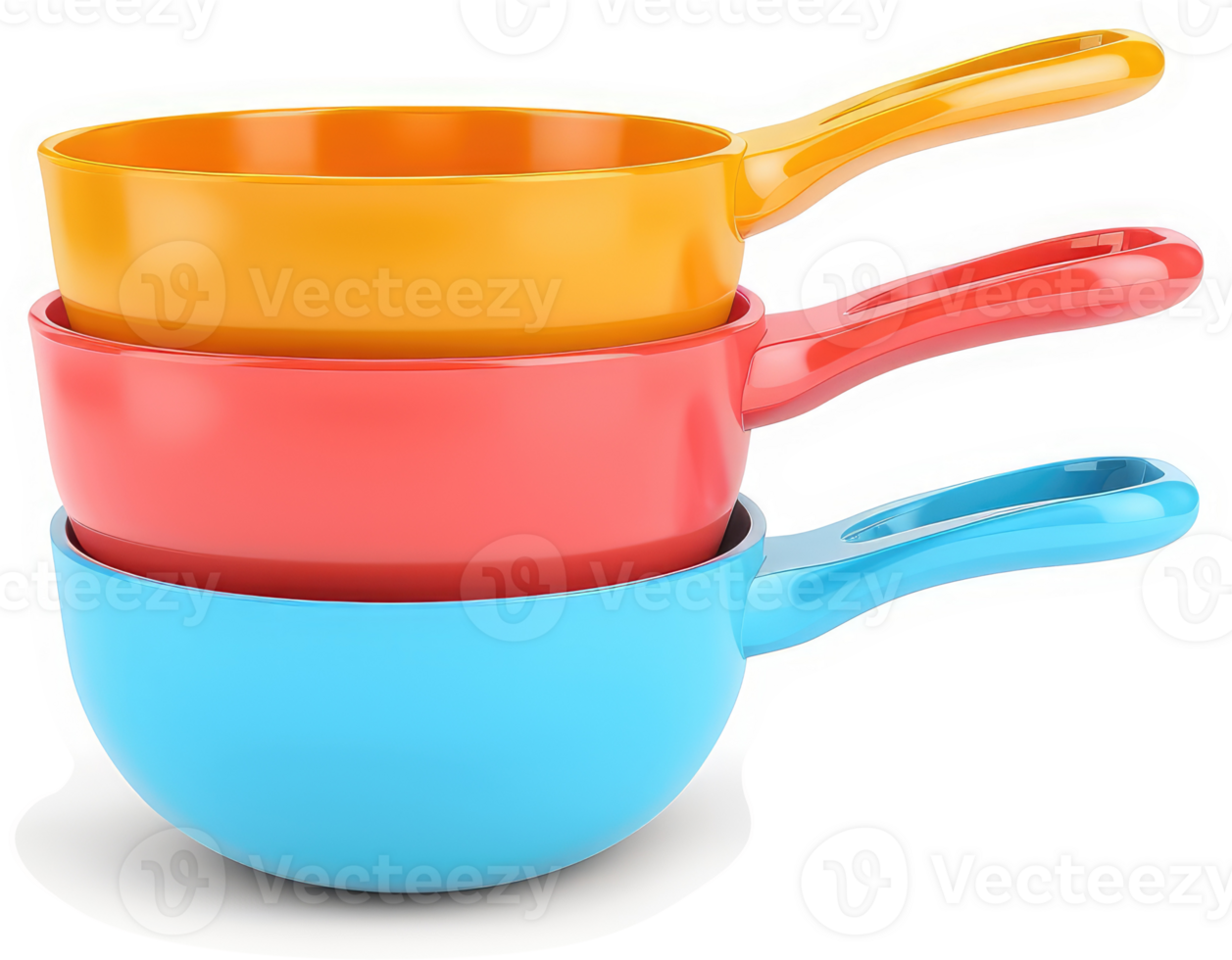 Three nesting colorful plastic mixing bowls with handles. png
