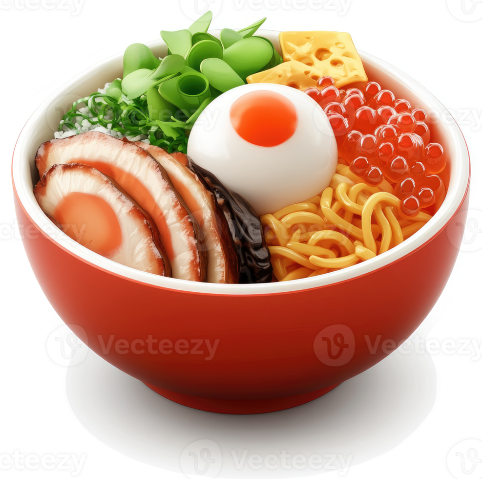 Colorful Japanese rice bowl with various ingredients. png