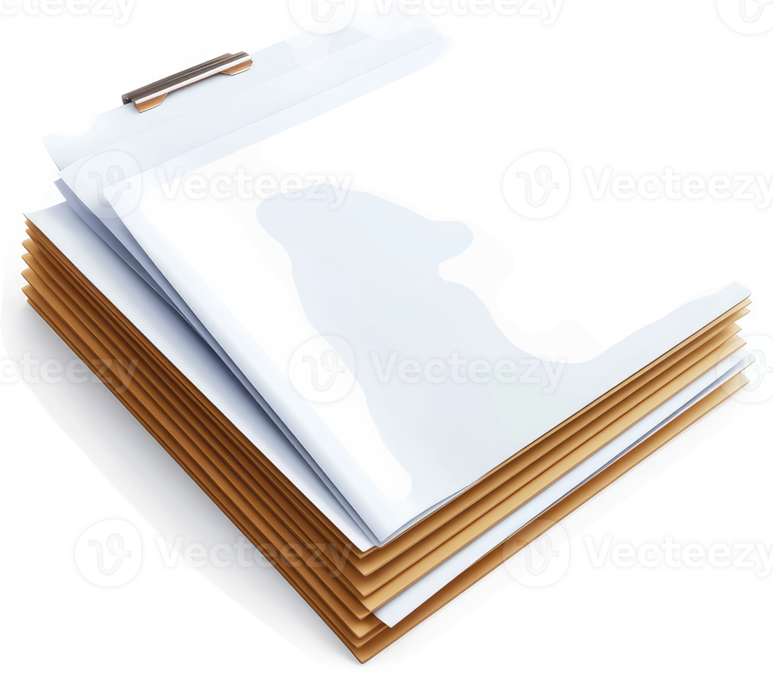 Stack of documents with binder clips and papers. png