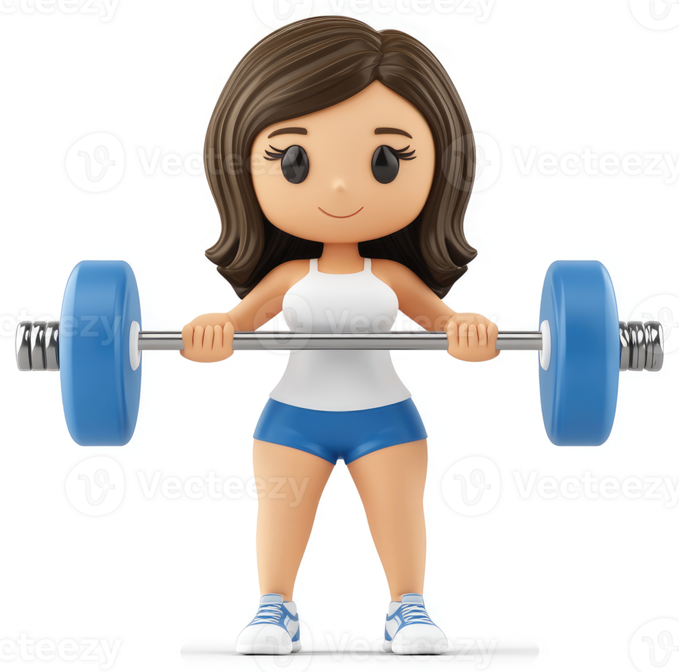 Cartoon woman lifting a barbell, demonstrating strength training. png