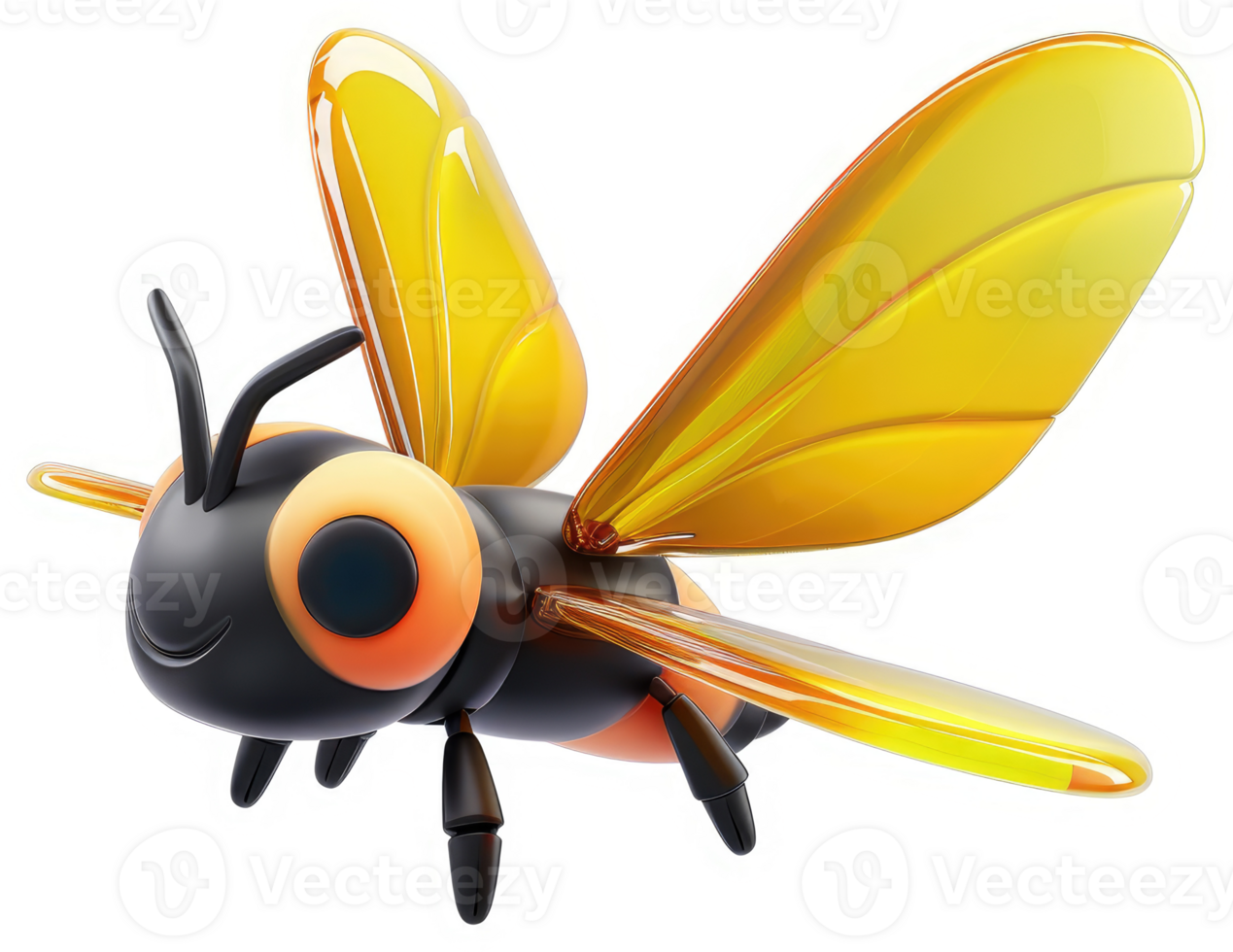 Cartoon bee with bright yellow wings in flight. png