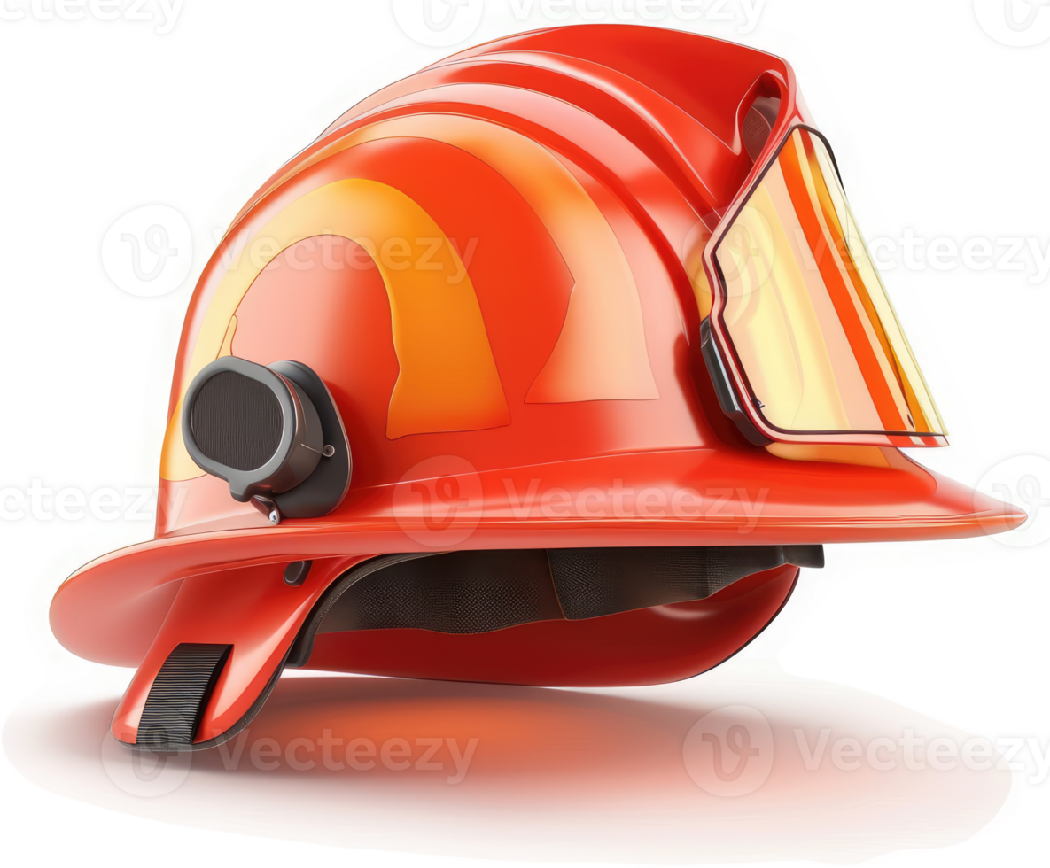 Fiery orange firefighter helmet with protective visor. png