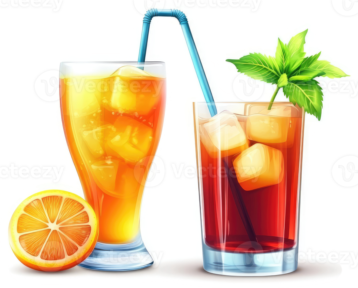 Two refreshing iced drinks, orange and cola flavored. png