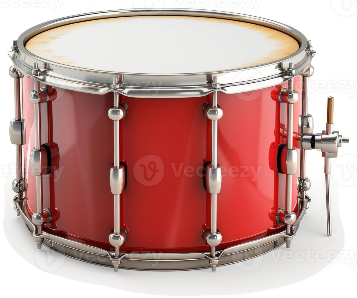 Red snare drum, metallic hardware, and a pristine finish. png