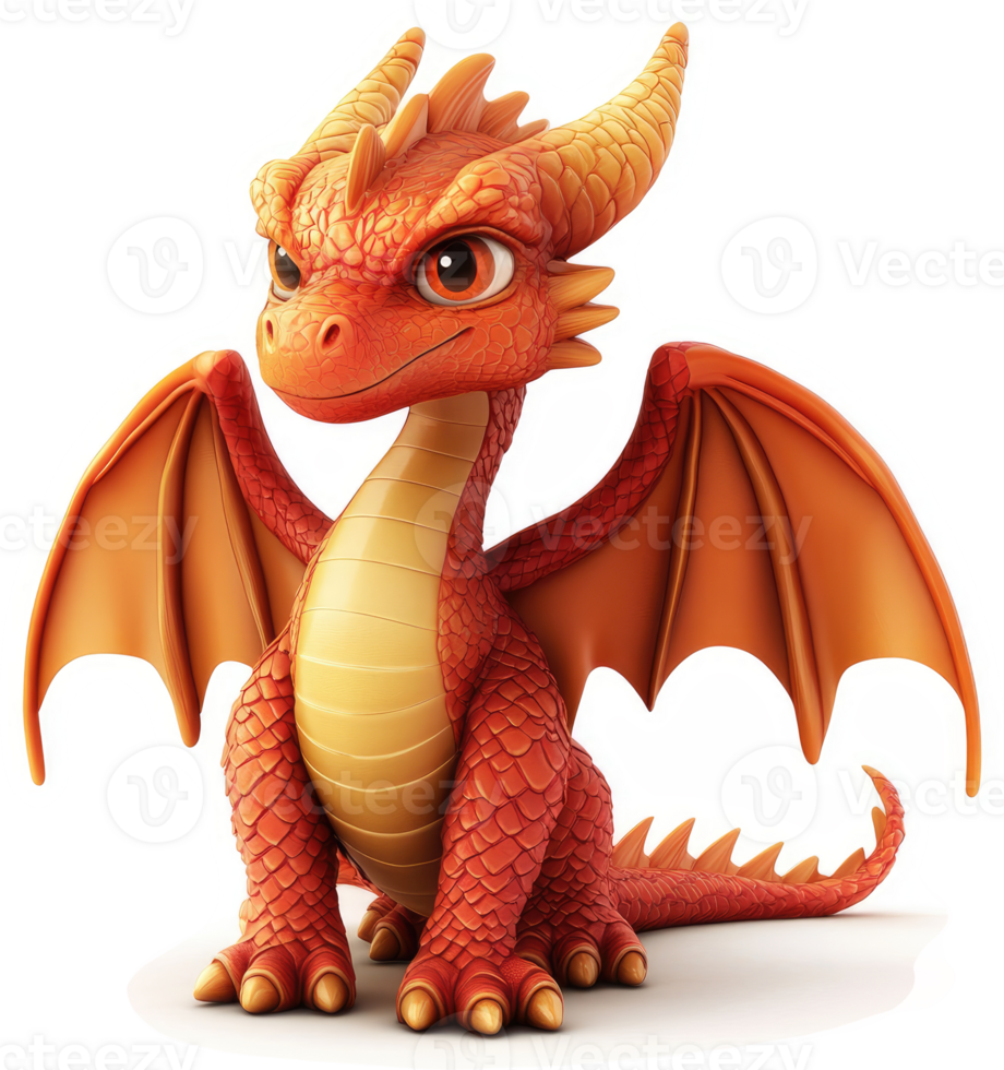 Adorable little orange dragon, poised in a friendly stance. png