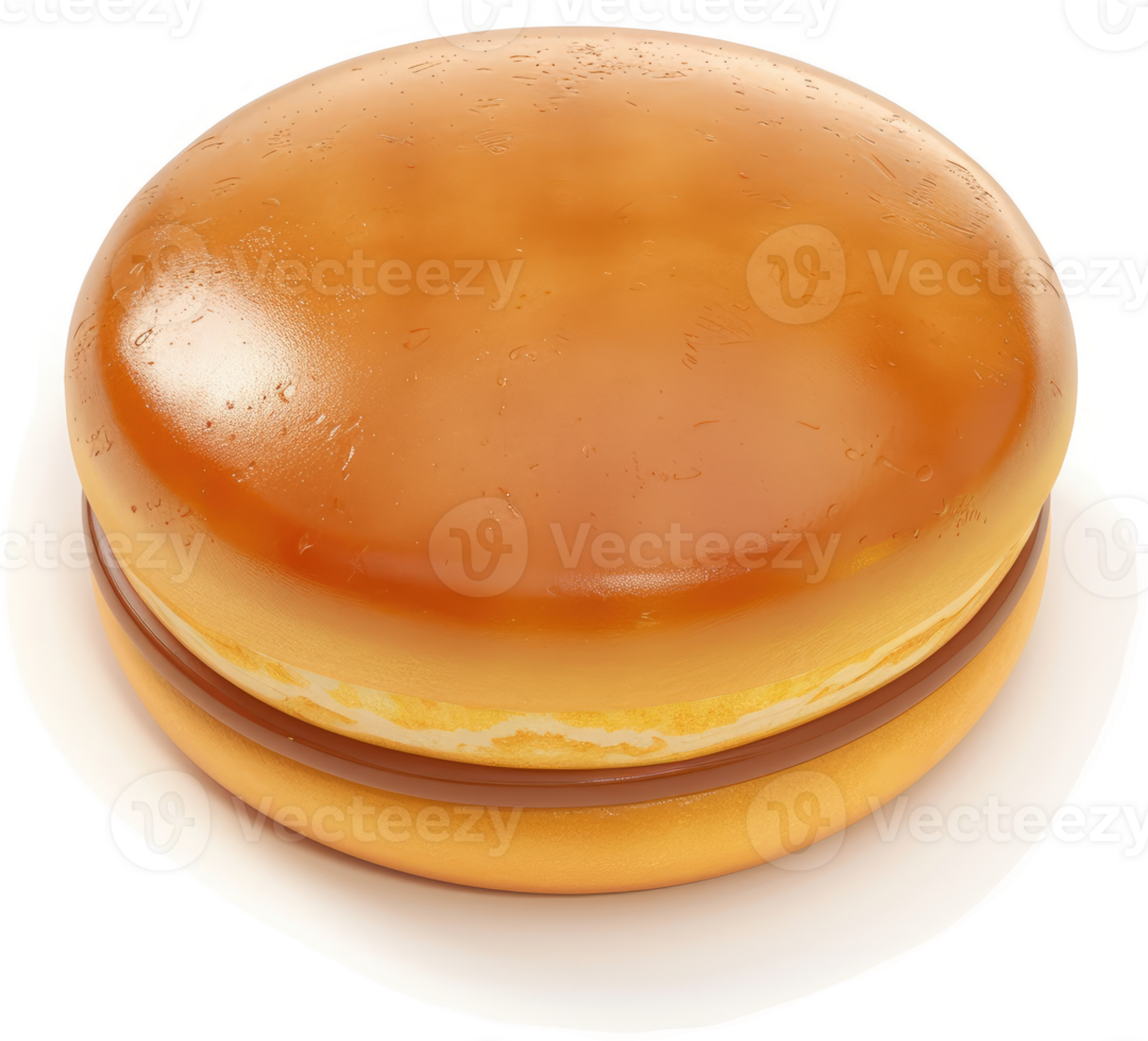 Round, golden-brown sandwich pastry with chocolate filling. png
