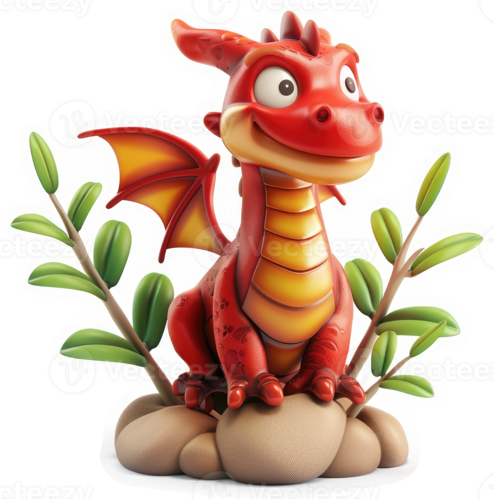 Cute, red dragon figurine sits amongst foliage. png