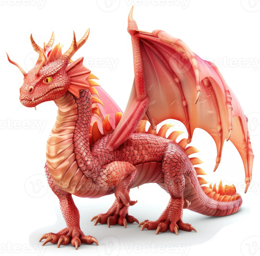 A vibrant, rosy-hued dragon, poised for flight. png