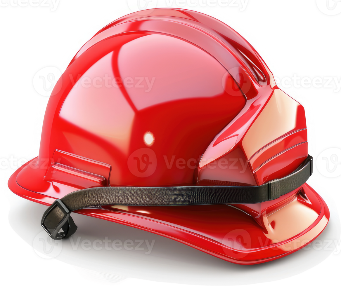 Glossy red safety helmet with a black strap. png