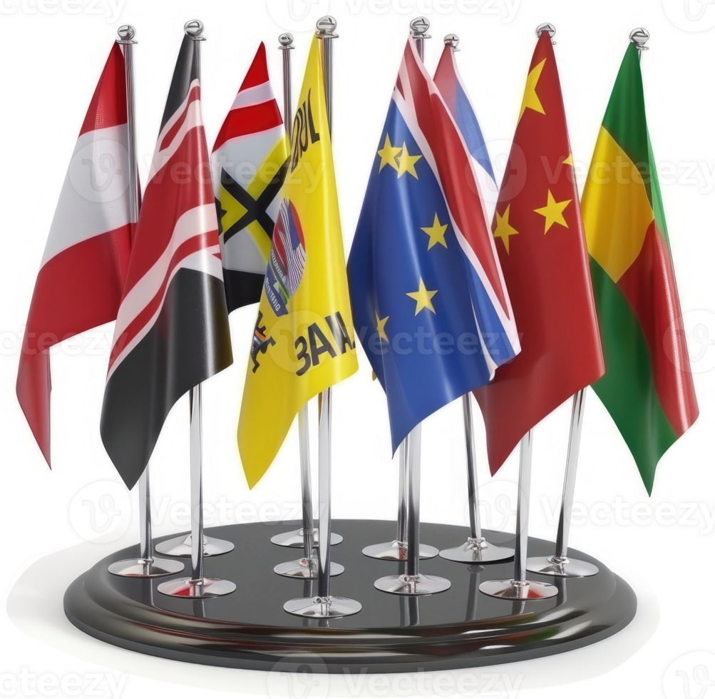 Collection of national flags on a circular stand. png