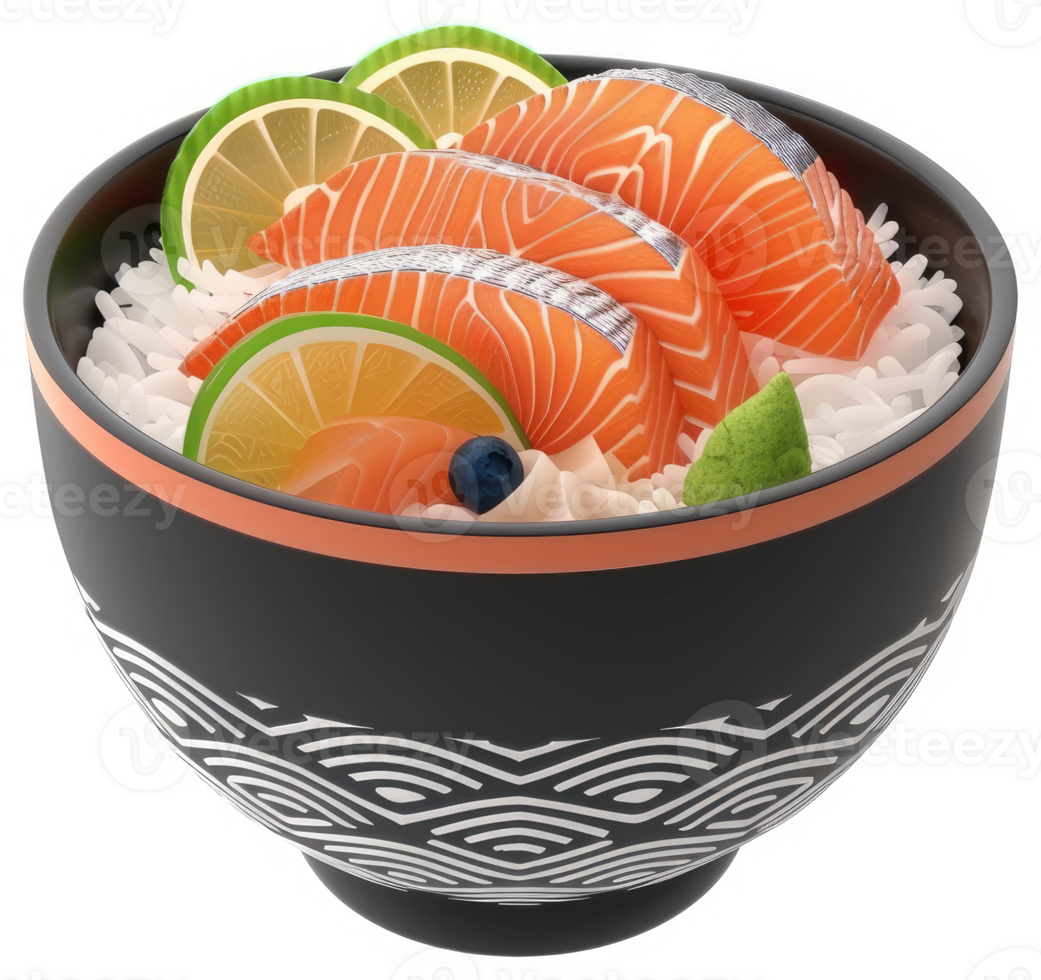 Salmon and rice bowl with citrus and berries. png