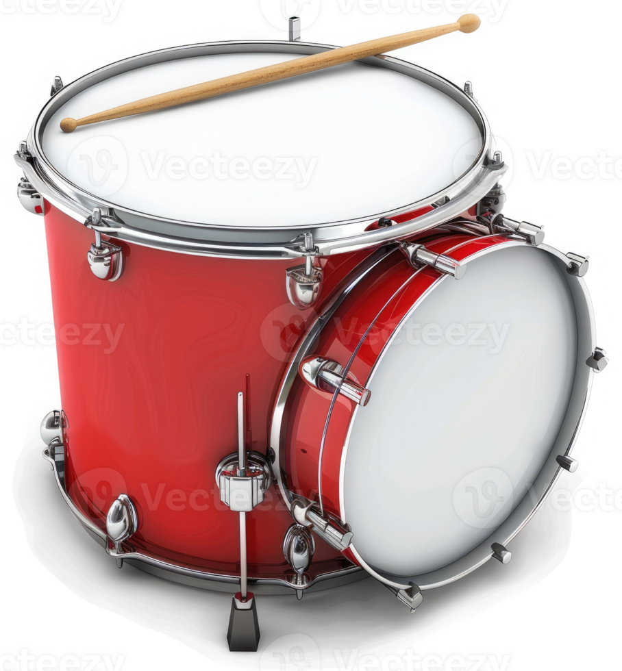 Red drum kit with drumsticks resting on top. png