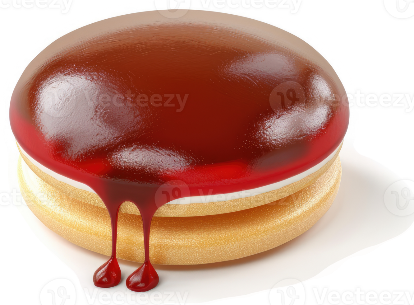 Round, chocolate-glazed, layered dessert with dripping red topping. png