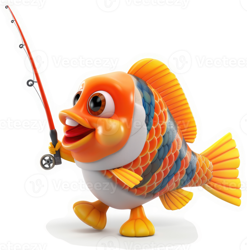 Cartoon fish with fishing rod, ready to catch. png