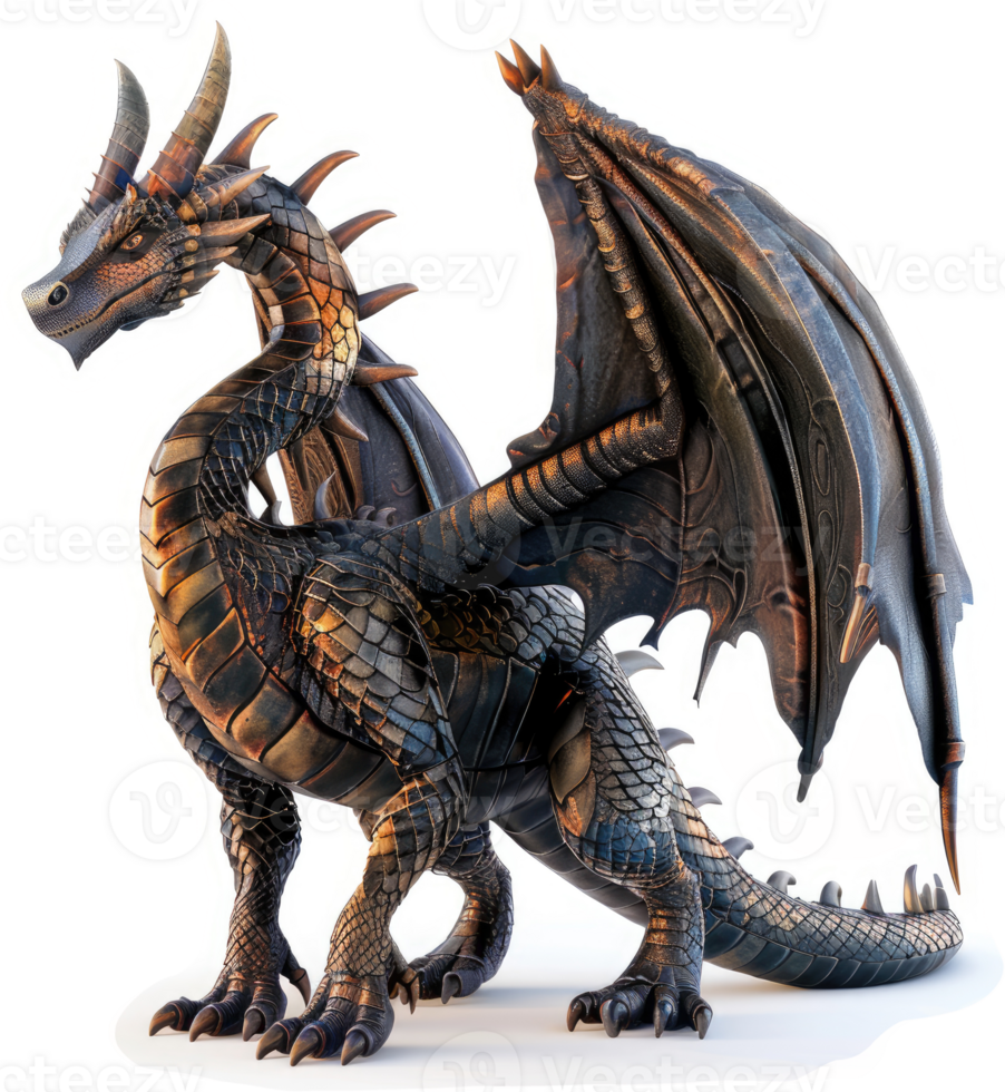 Majestic bronze dragon with intricate scales and wings. png