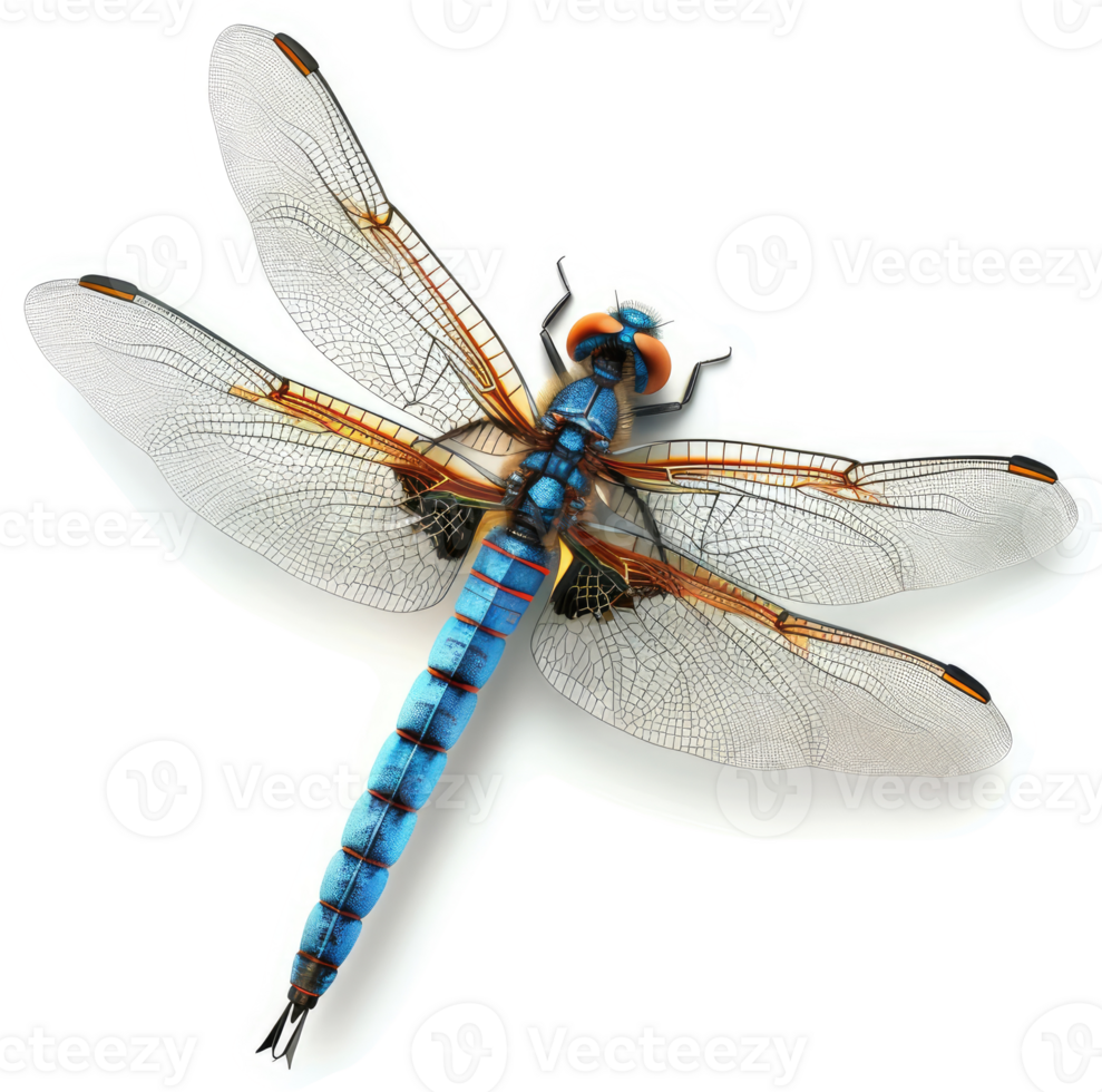 Vibrant dragonfly with delicate wings displays intricate patterns. png