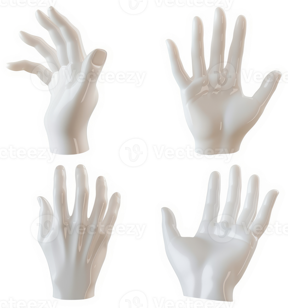 Four stylized, white, anatomical hand models. png