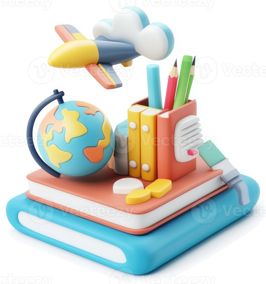 Colorful educational supplies arranged on books, symbolizing global learning. png