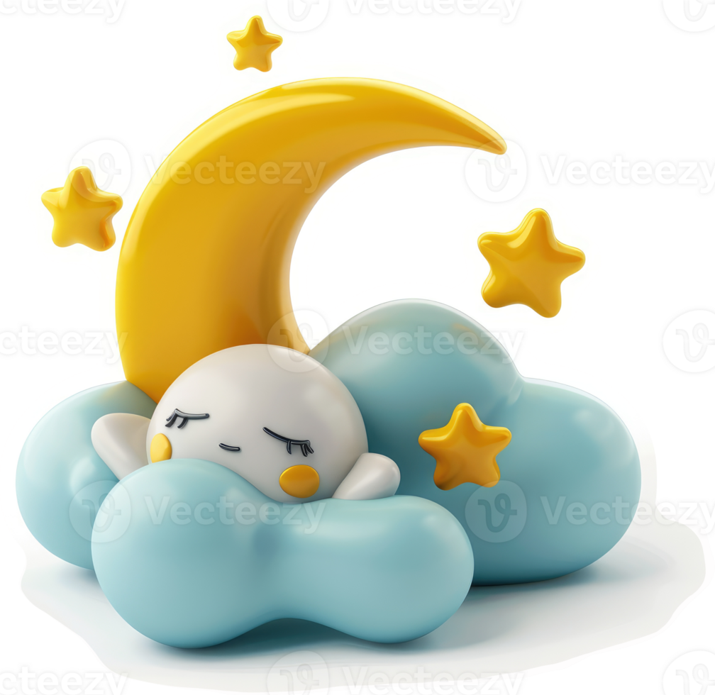 Cute cloud character sleeps soundly under a crescent moon. png