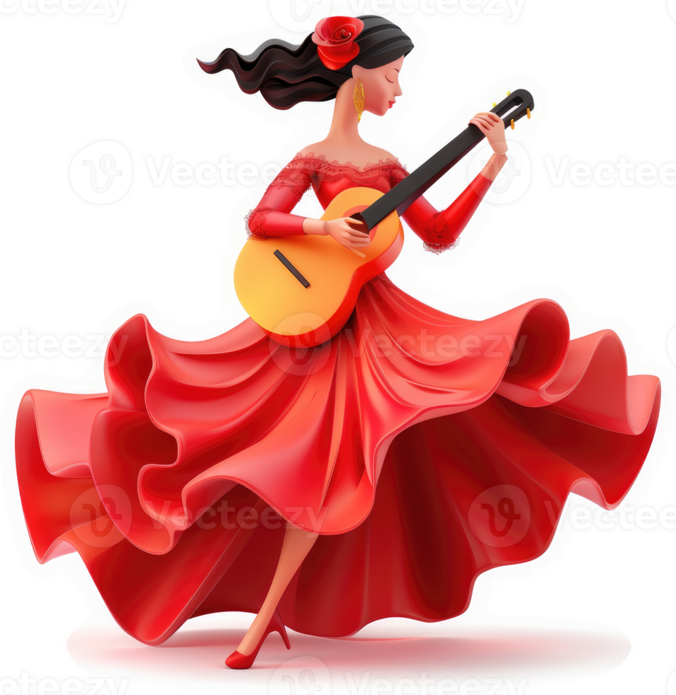 A vibrant illustration of a flamenco dancer playing guitar. png