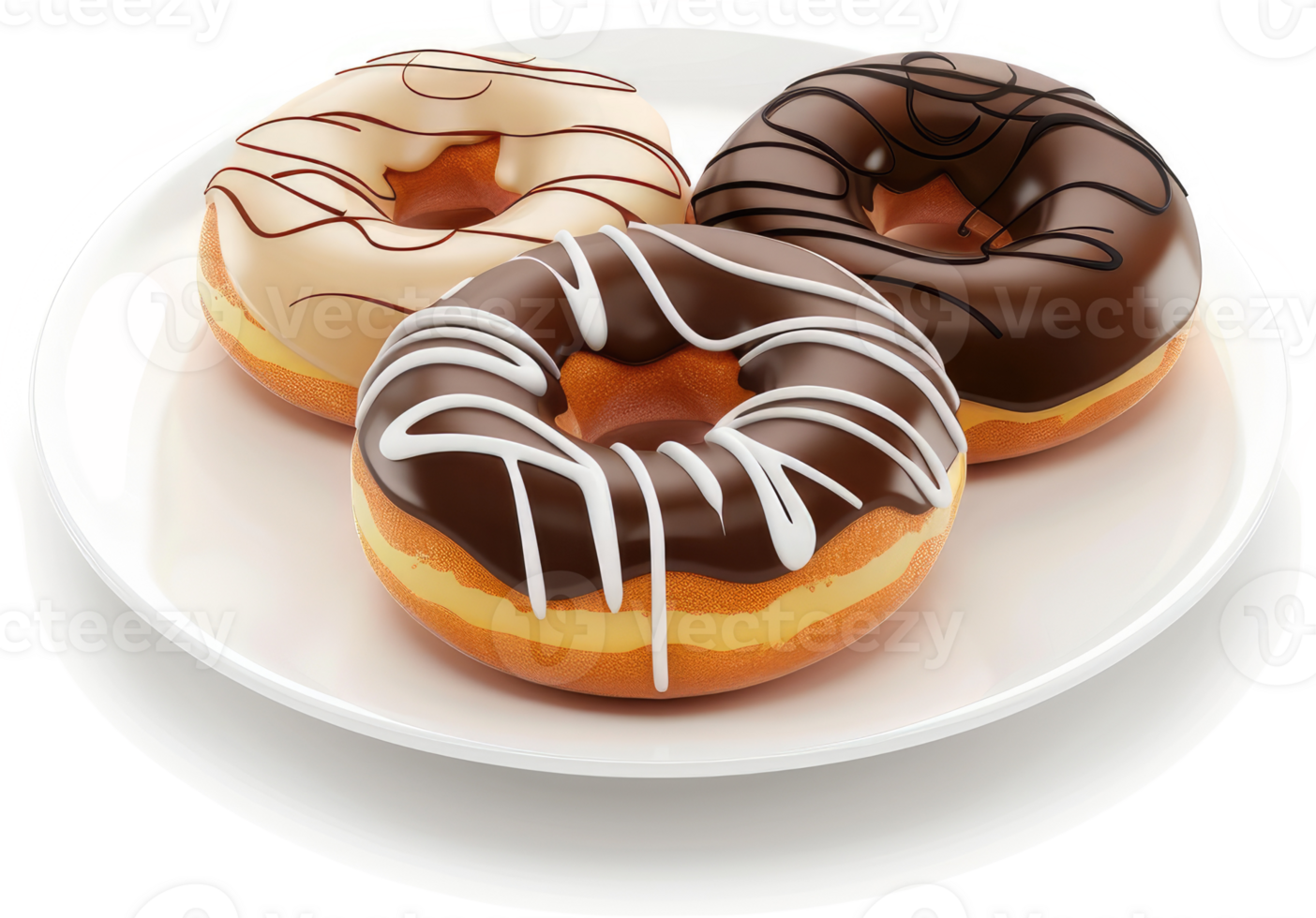 Three glazed doughnuts on a plate, showcasing variety. png
