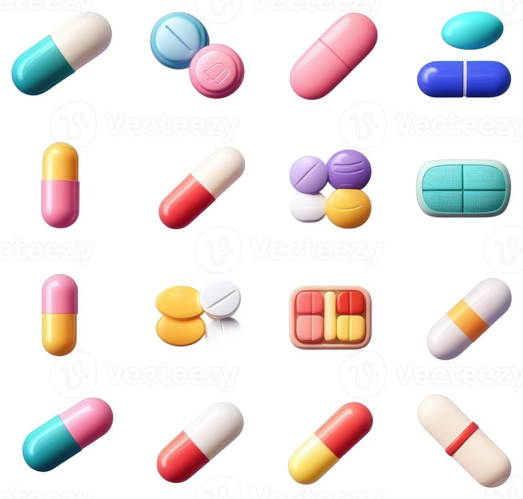 Colorful assortment of various pill and capsule forms of medication. png