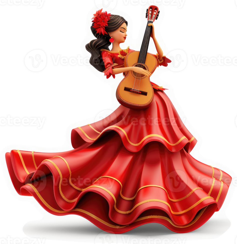 A captivating flamenco dancer plays a classical guitar. png