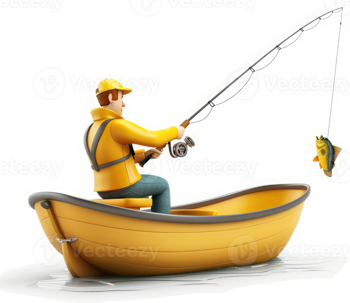 Animated cartoon depiction of a fisherman in a yellow rowboat. png