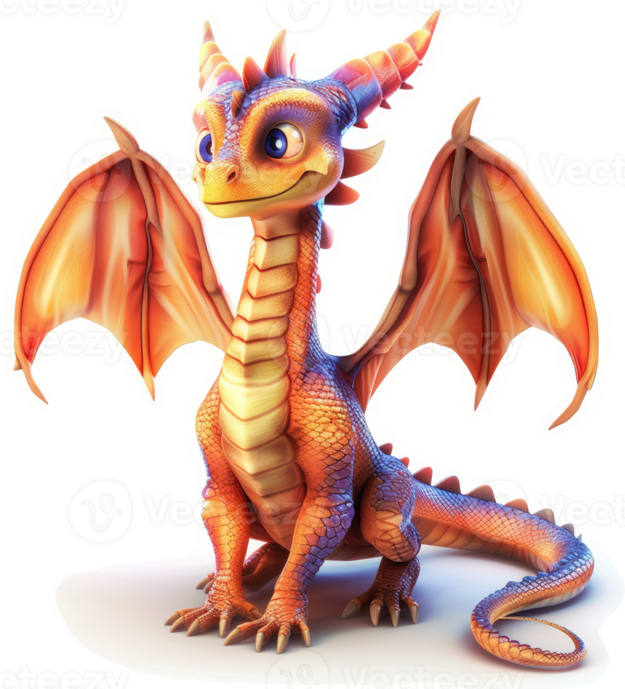 Smiling, orange-and-purple cartoon dragon with large wings. png