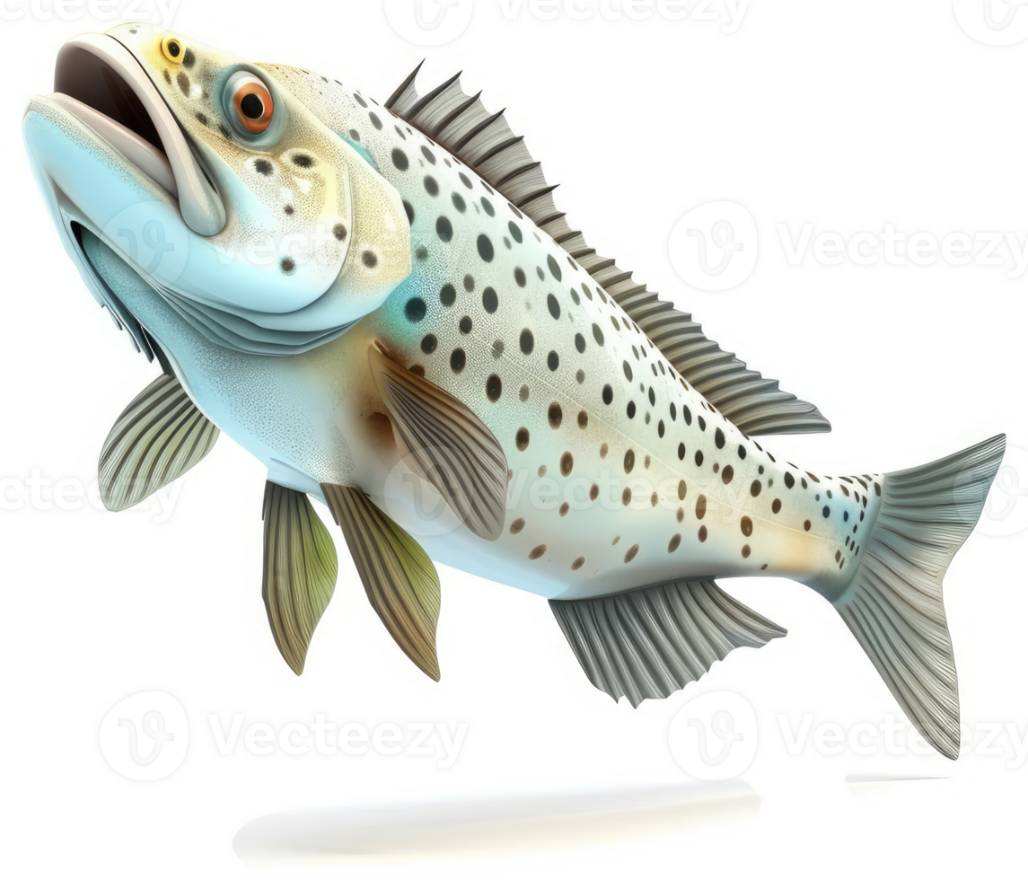 Detailed illustration of a speckled fish in mid-air. png