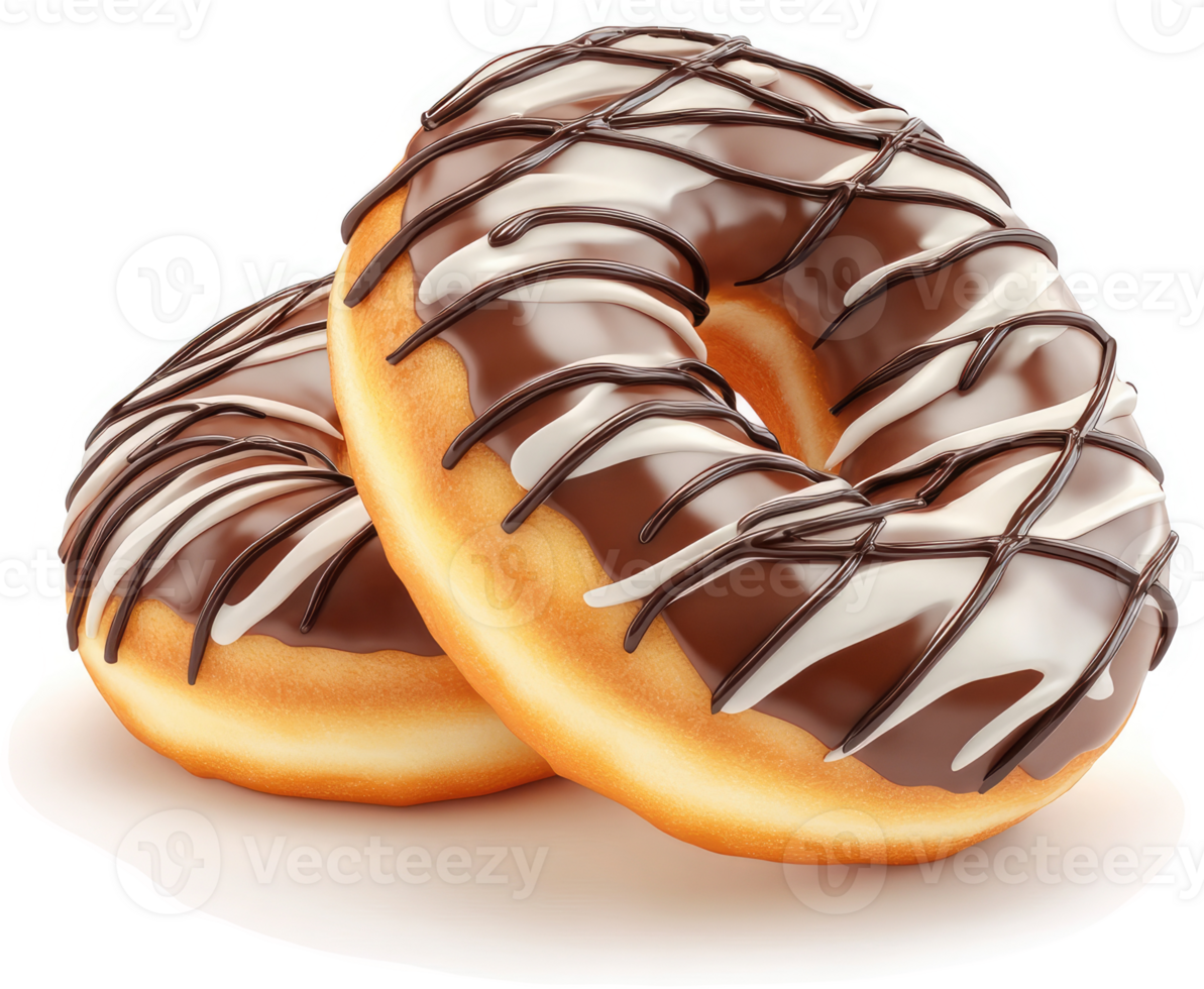 Two chocolate-glazed donuts with white icing swirls. png