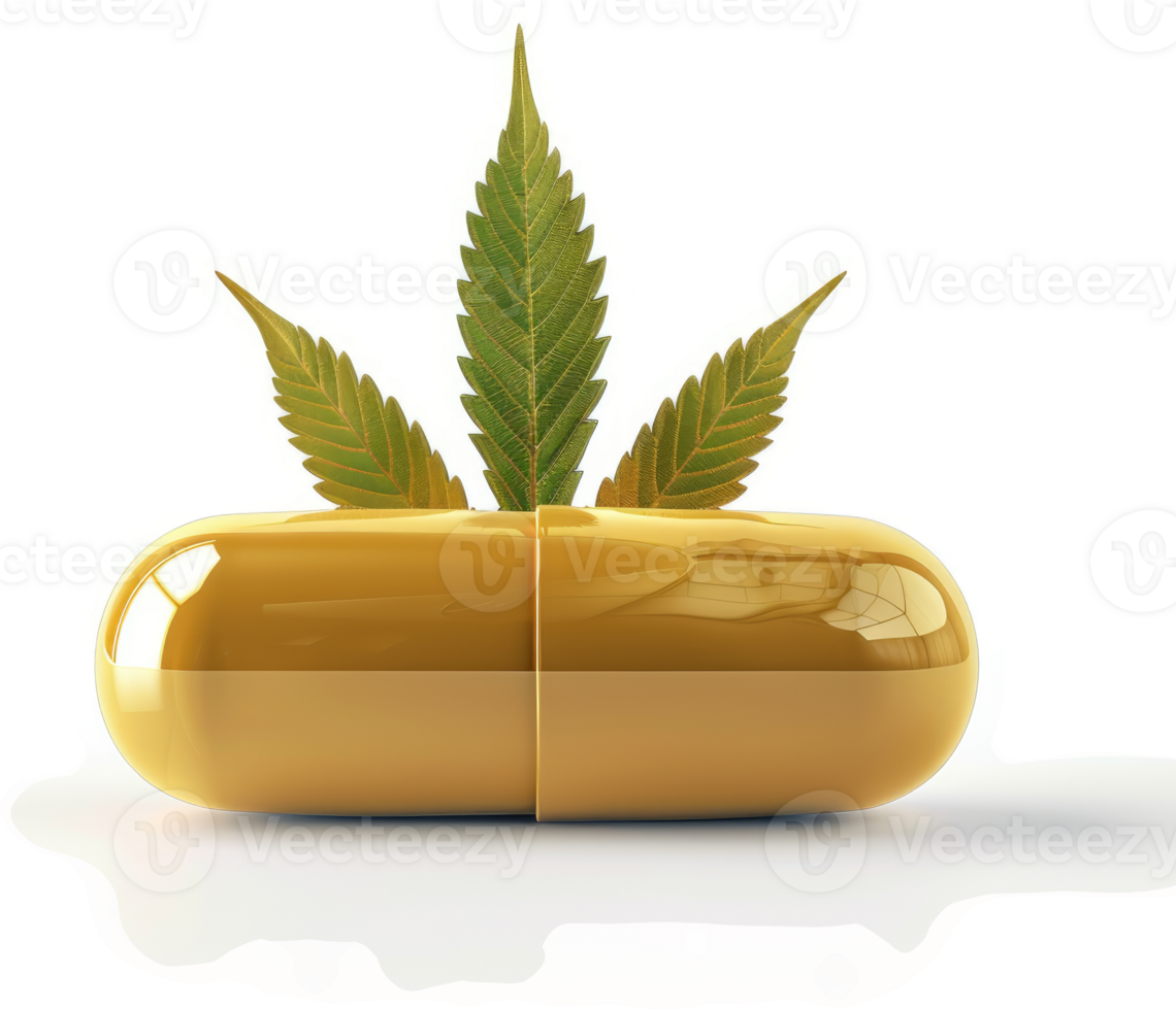 Golden cannabis capsule, highlighting potential medical use. png