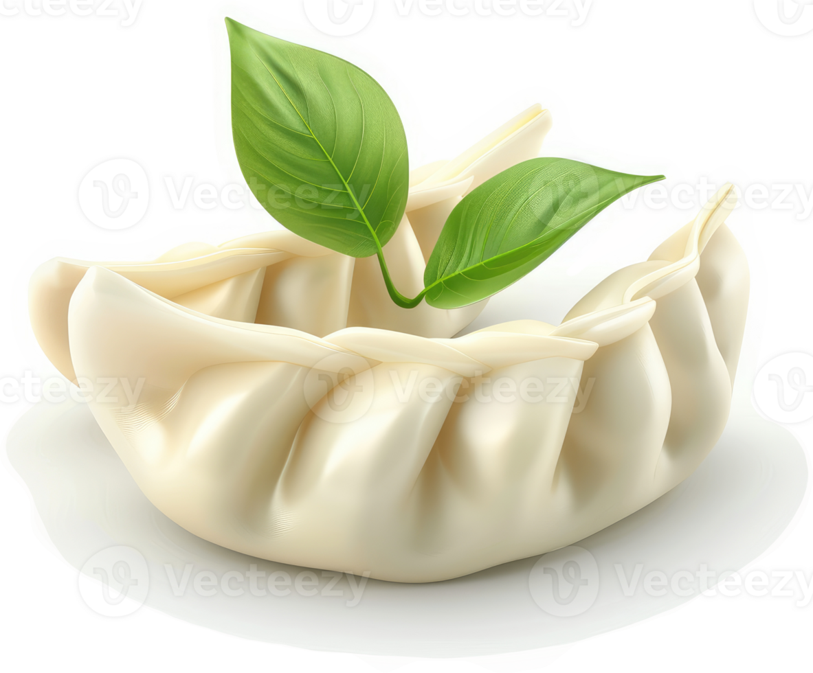 Fresh, steamed dumplings adorned with vibrant green leaves. png