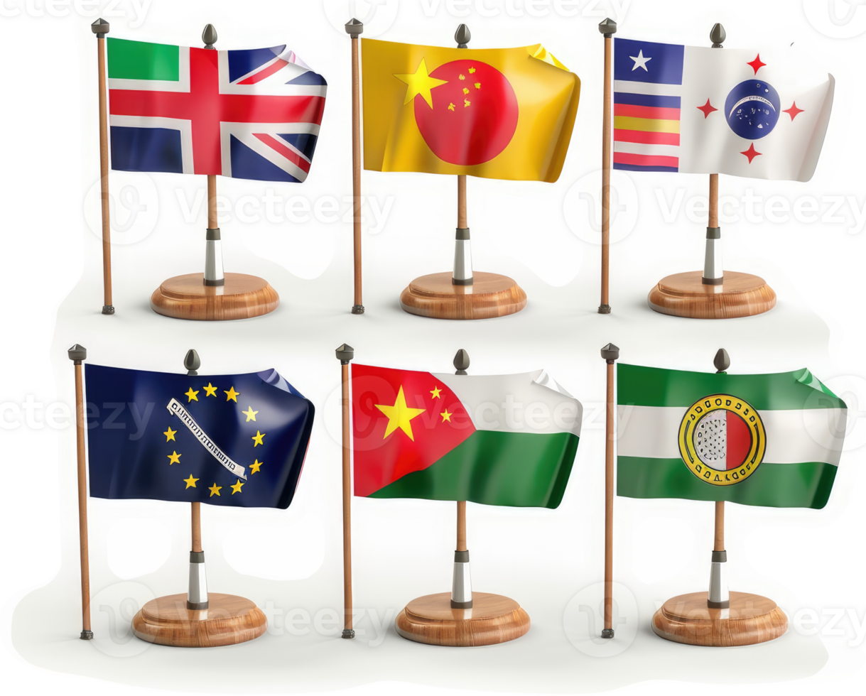 Miniature flags of various countries displayed on wooden stands. png