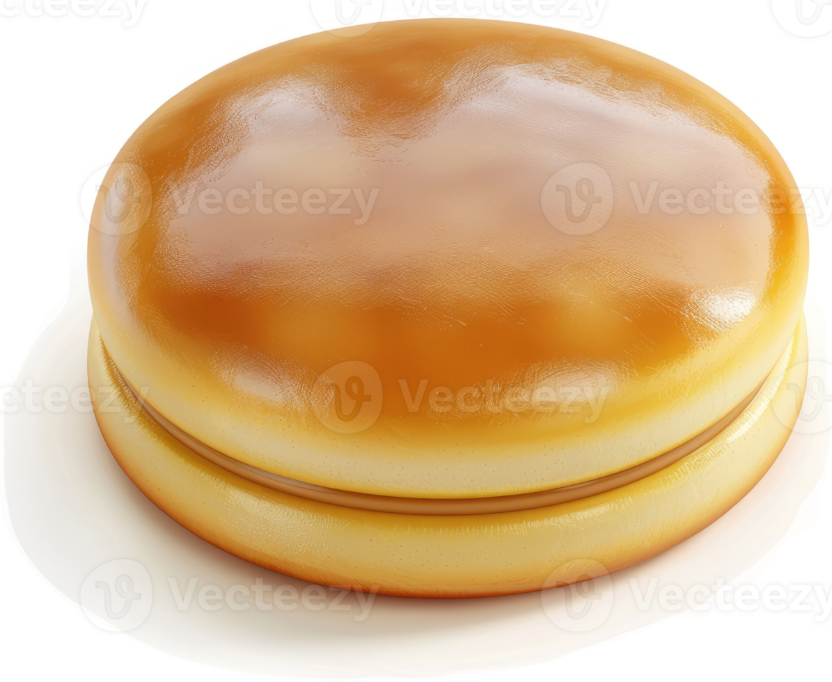 Round, golden-brown pastry with caramel filling. png