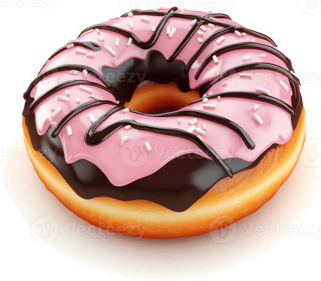 Pink and chocolate frosted doughnut, topped with sprinkles. png