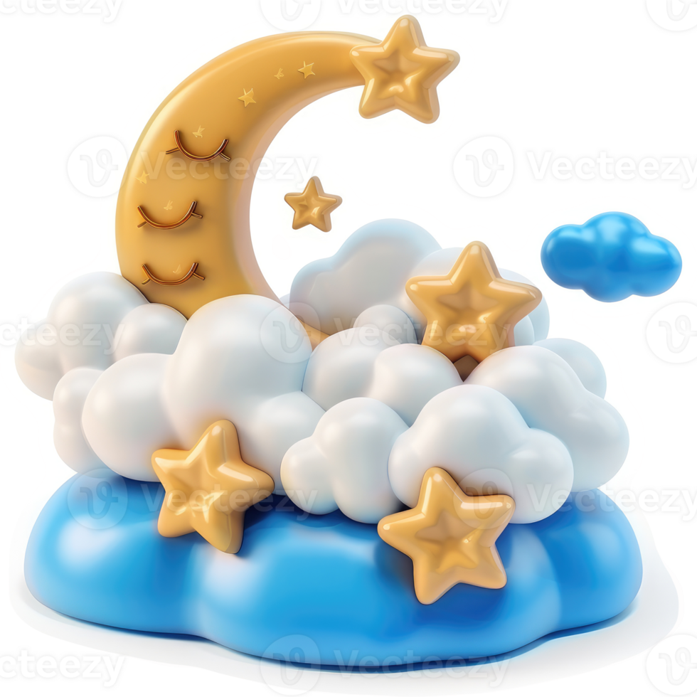 Cute cartoon moon and stars resting on fluffy clouds. png
