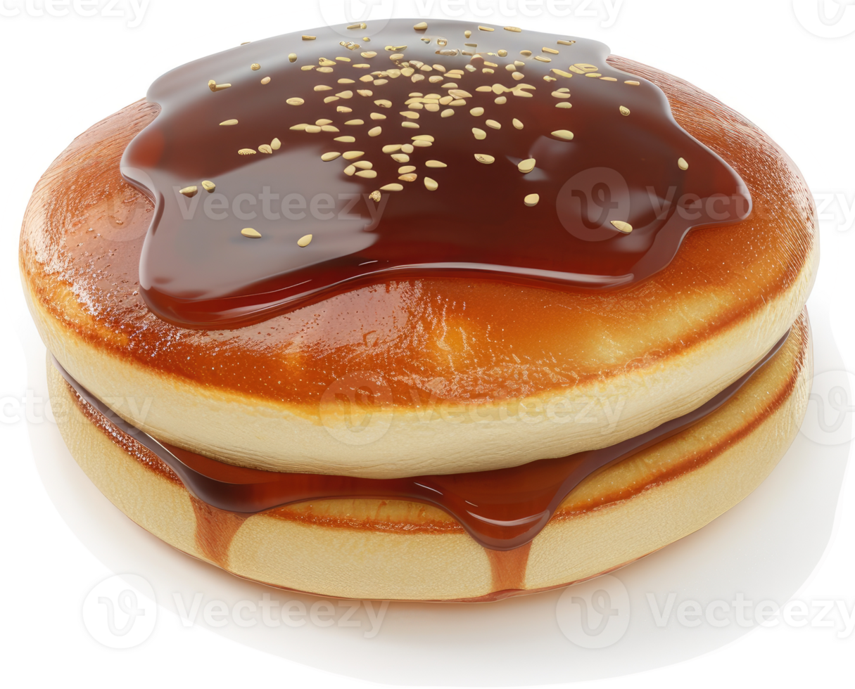 Delicious, double pancake topped with savory syrup and sesame seeds. png